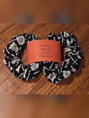 Hand Crafted Black and White Floral Hair Scrunchies